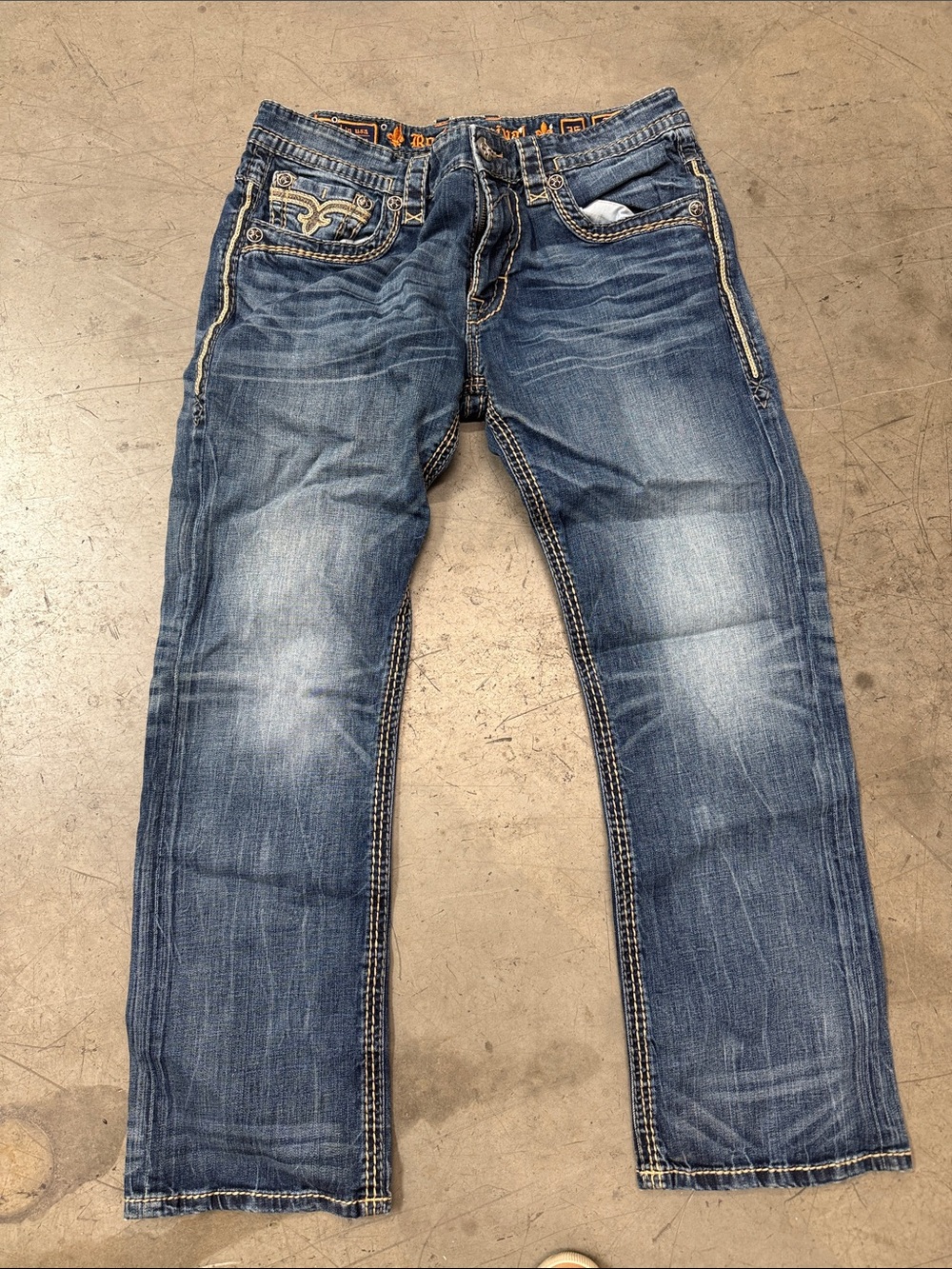 Rock Revival Men's Medium Blue Washed Relaxed Jeans with Contrast Stitching